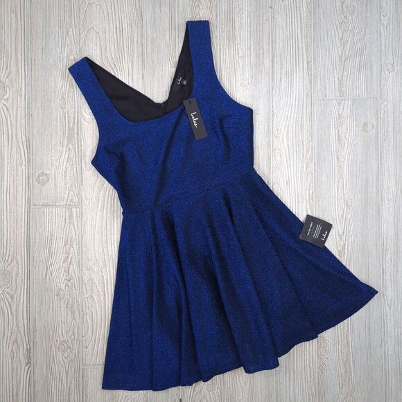 Brand New Lulu's Women's Large Blue Metallic Best Date Ever Mini Dress Sleeveles - Picture 1 of 11